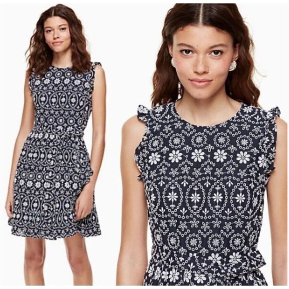 Kate Spade Women's Eyelet Fit & Flare Dress Size 4 Navy Blue Cottagecore Preppy